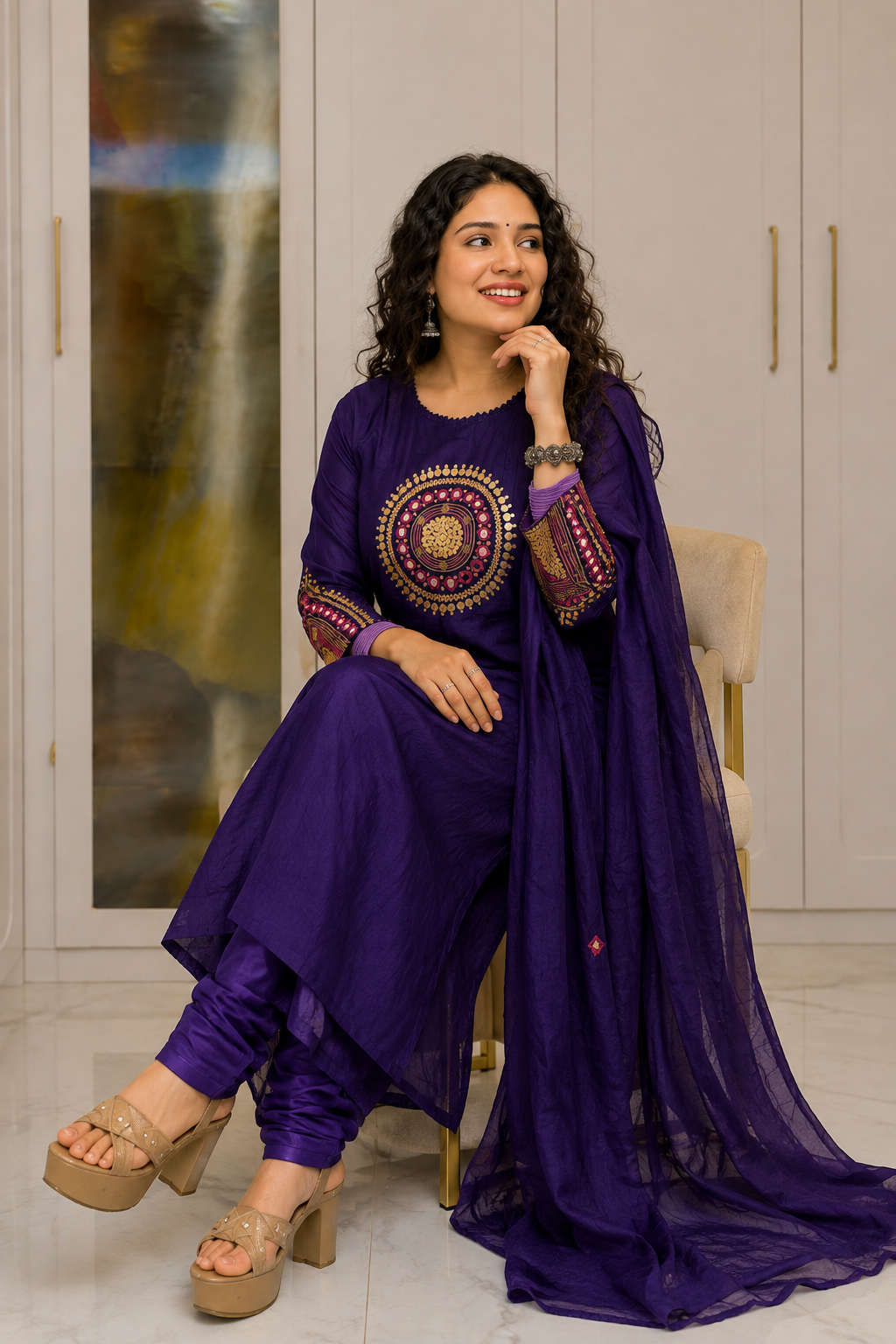 Royal Purple Embroidered Kurta Pant Set with Matching Dupatta