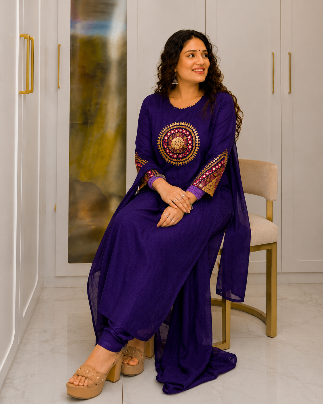 Royal Purple Embroidered Kurta Pant Set with Matching Dupatta