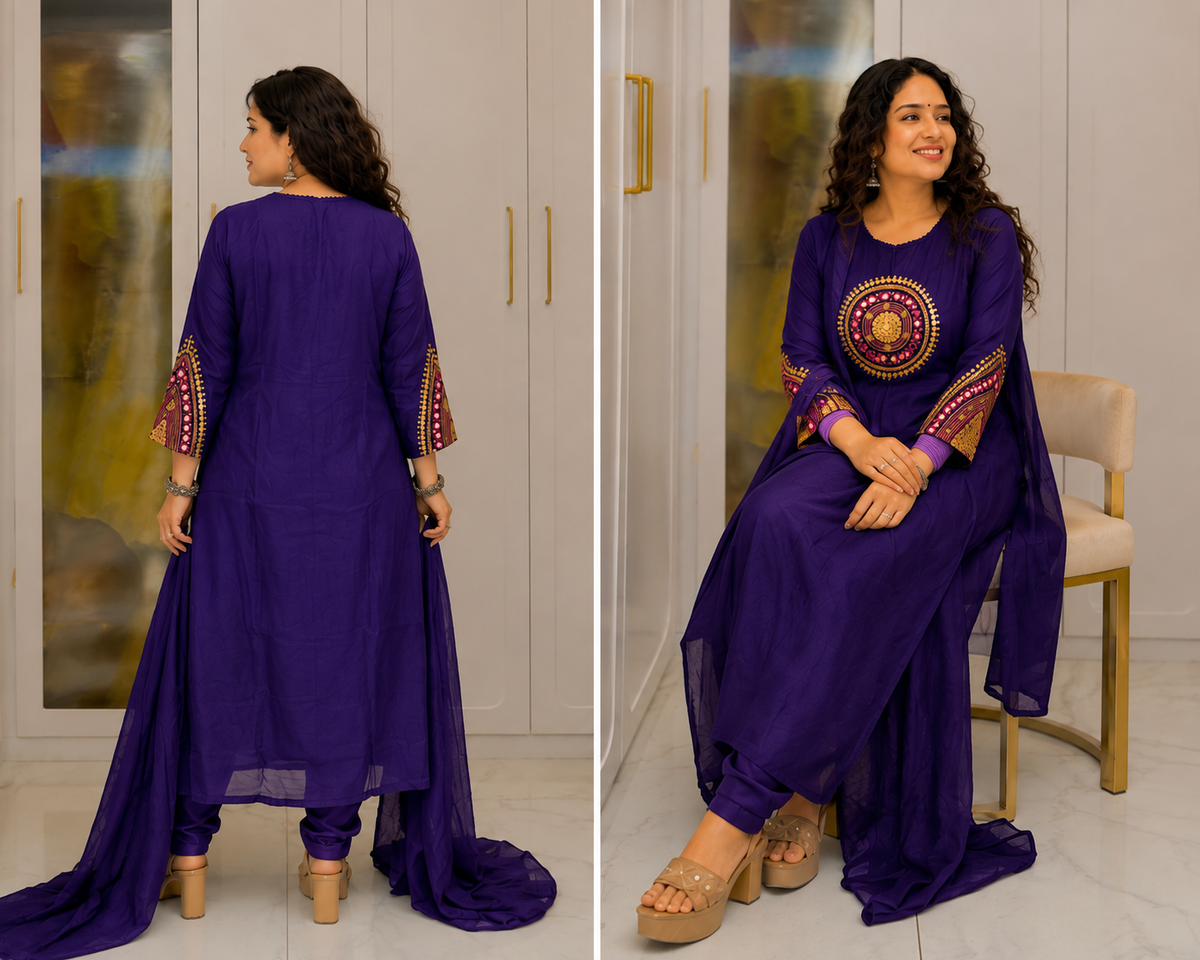 Royal Purple Embroidered Kurta Pant Set with Matching Dupatta