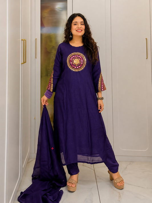 Royal Purple Embroidered Kurta Pant Set with Matching Dupatta
