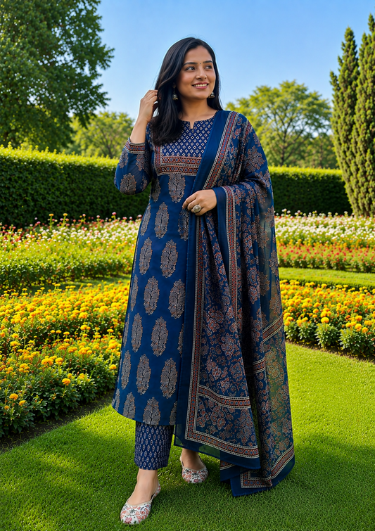 Navy Blue Ethnic Printed Kurta Set with Dupatta