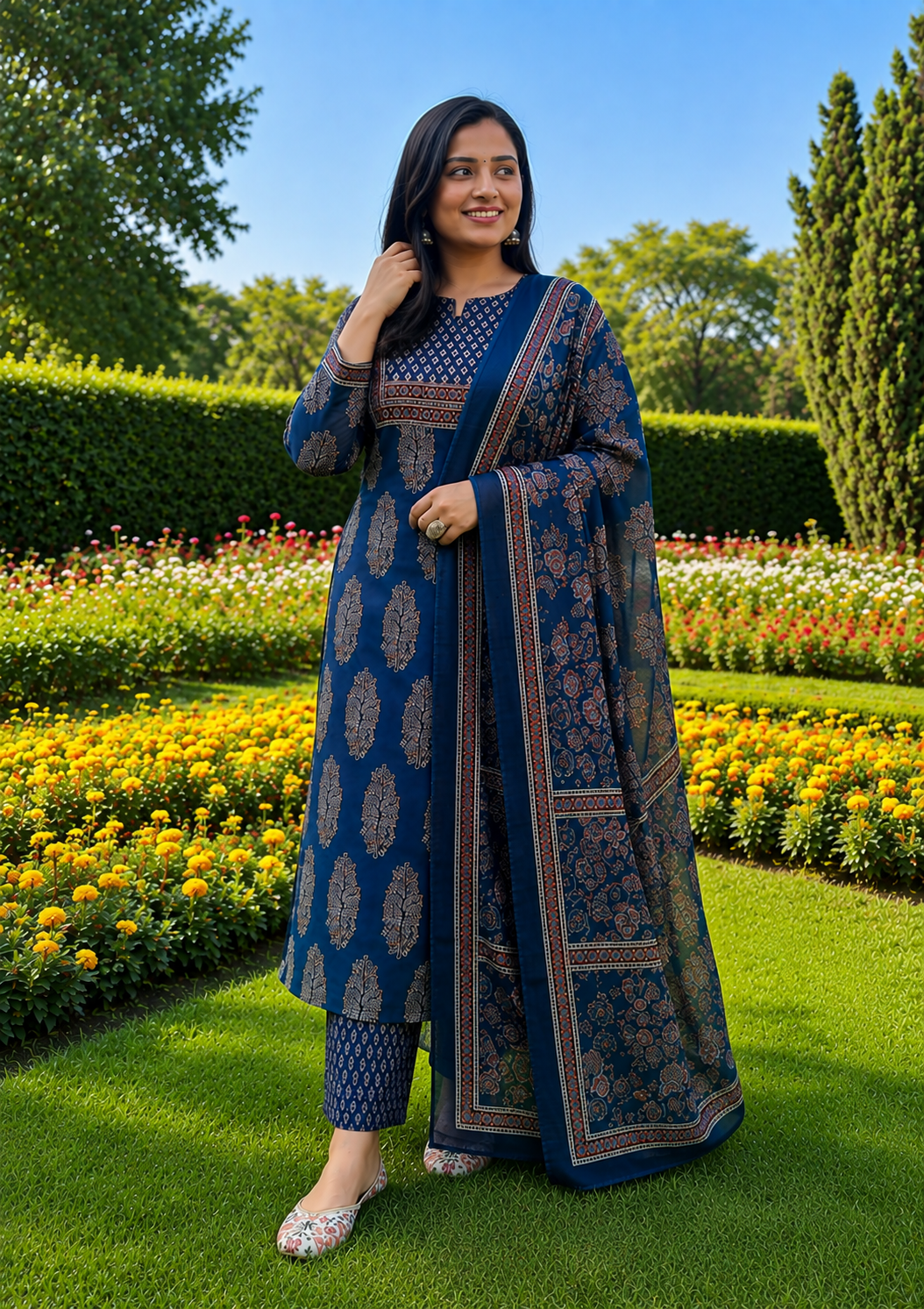 Navy Blue Ethnic Printed Kurta Set with Dupatta