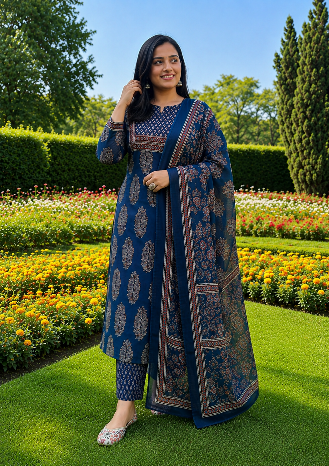 Navy Blue Ethnic Printed Kurta Set with Dupatta