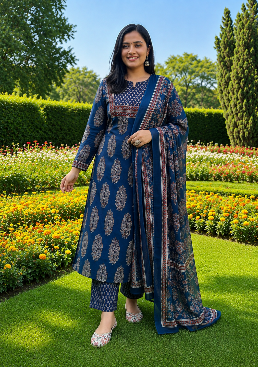 Navy Blue Ethnic Printed Kurta Set with Dupatta