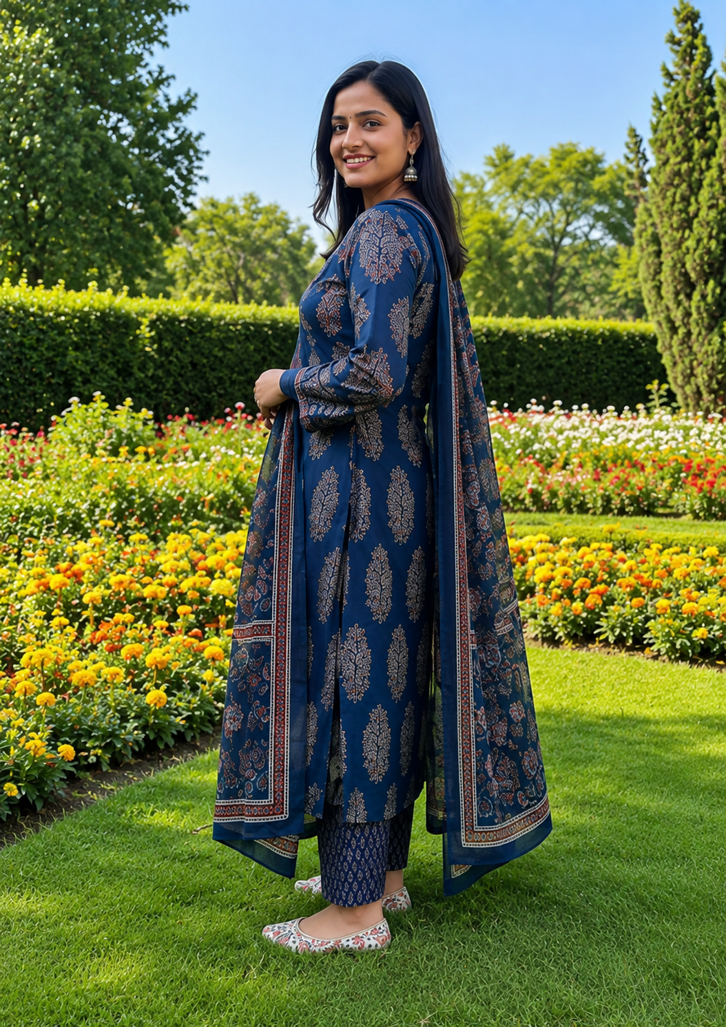 Navy Blue Ethnic Printed Kurta Set with Dupatta