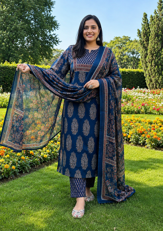 Navy Blue Ethnic Printed Kurta Set with Dupatta