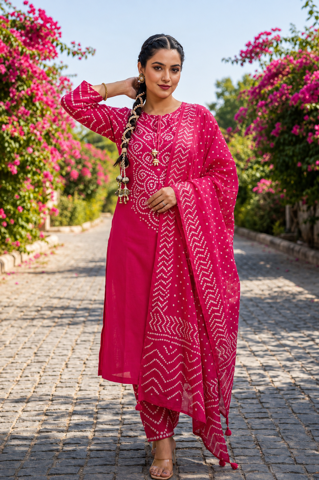 Rani Pink Bandhani Print Kurta Pant Set with Dupatta