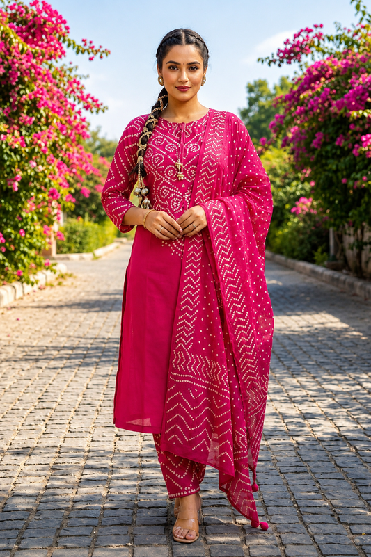 Rani Pink Bandhani Print Kurta Pant Set with Dupatta