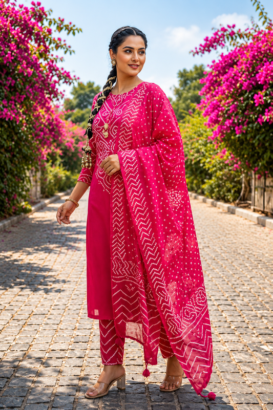 Rani Pink Bandhani Print Kurta Pant Set with Dupatta