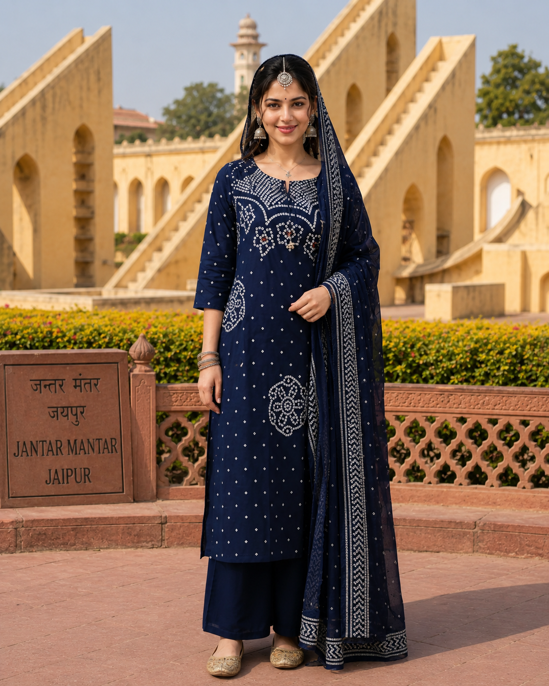 Ethnic Blue Bandhani Inspired Kurta Set for Women with Dupatta