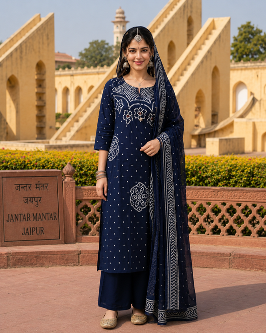 Ethnic Blue Bandhani Inspired Kurta Set for Women with Dupatta