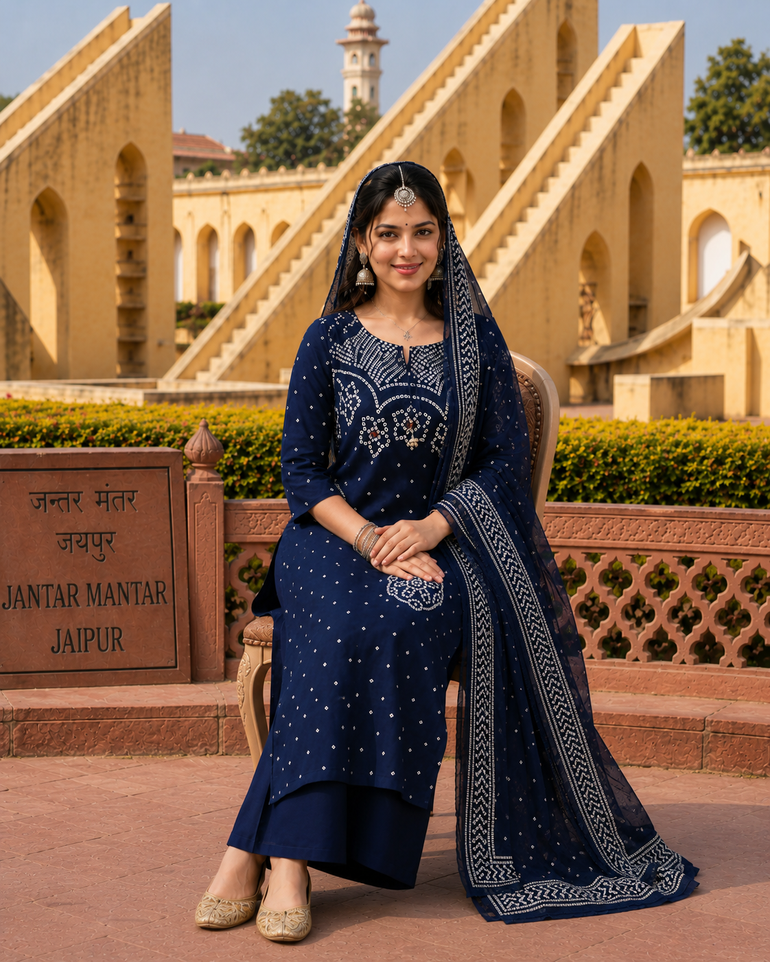 Ethnic Blue Bandhani Inspired Kurta Set for Women with Dupatta