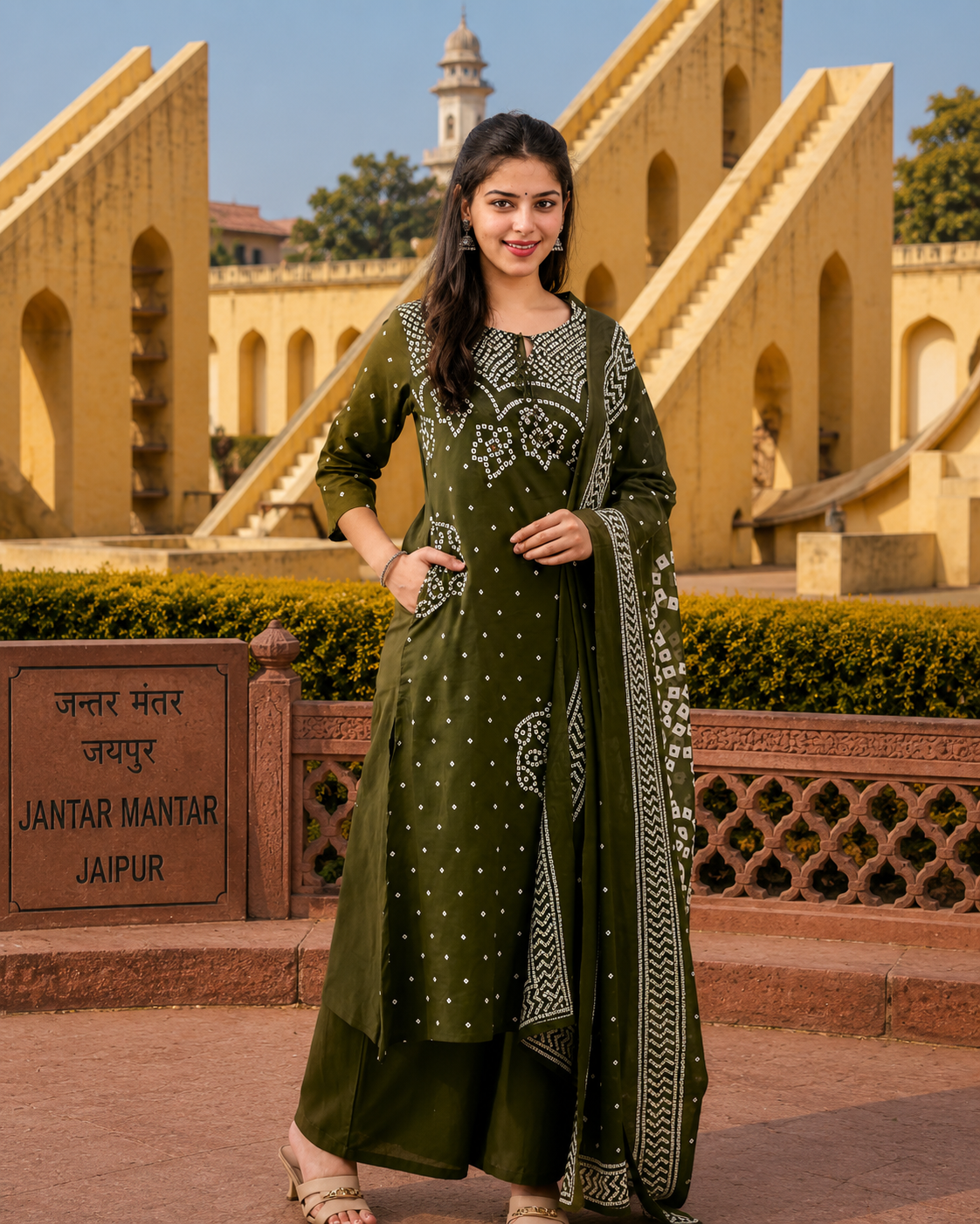 Ethnic Olive Green Bandhani Inspired Kurta Set for Women with Dupatta