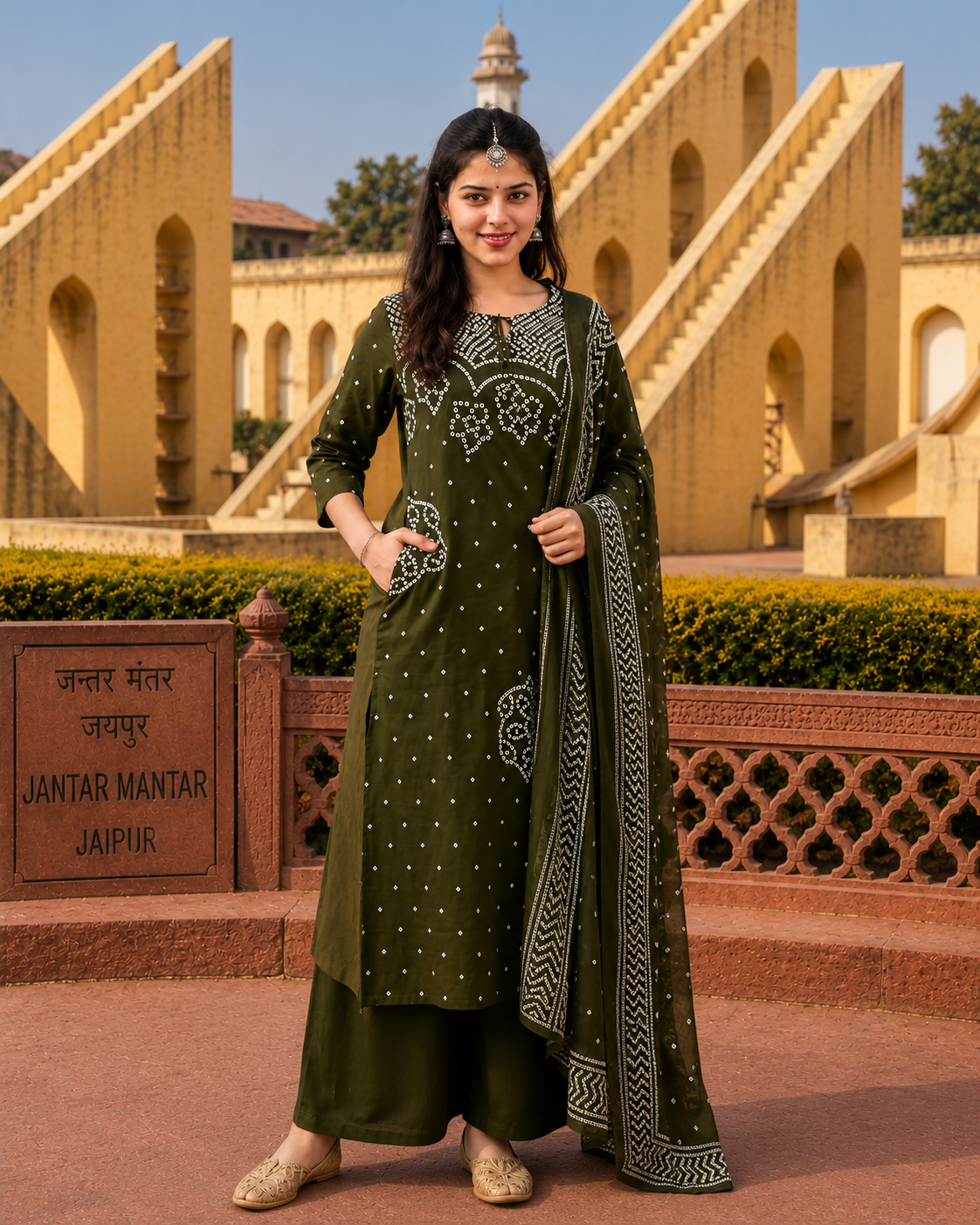Ethnic Olive Green Bandhani Inspired Kurta Set for Women with Dupatta