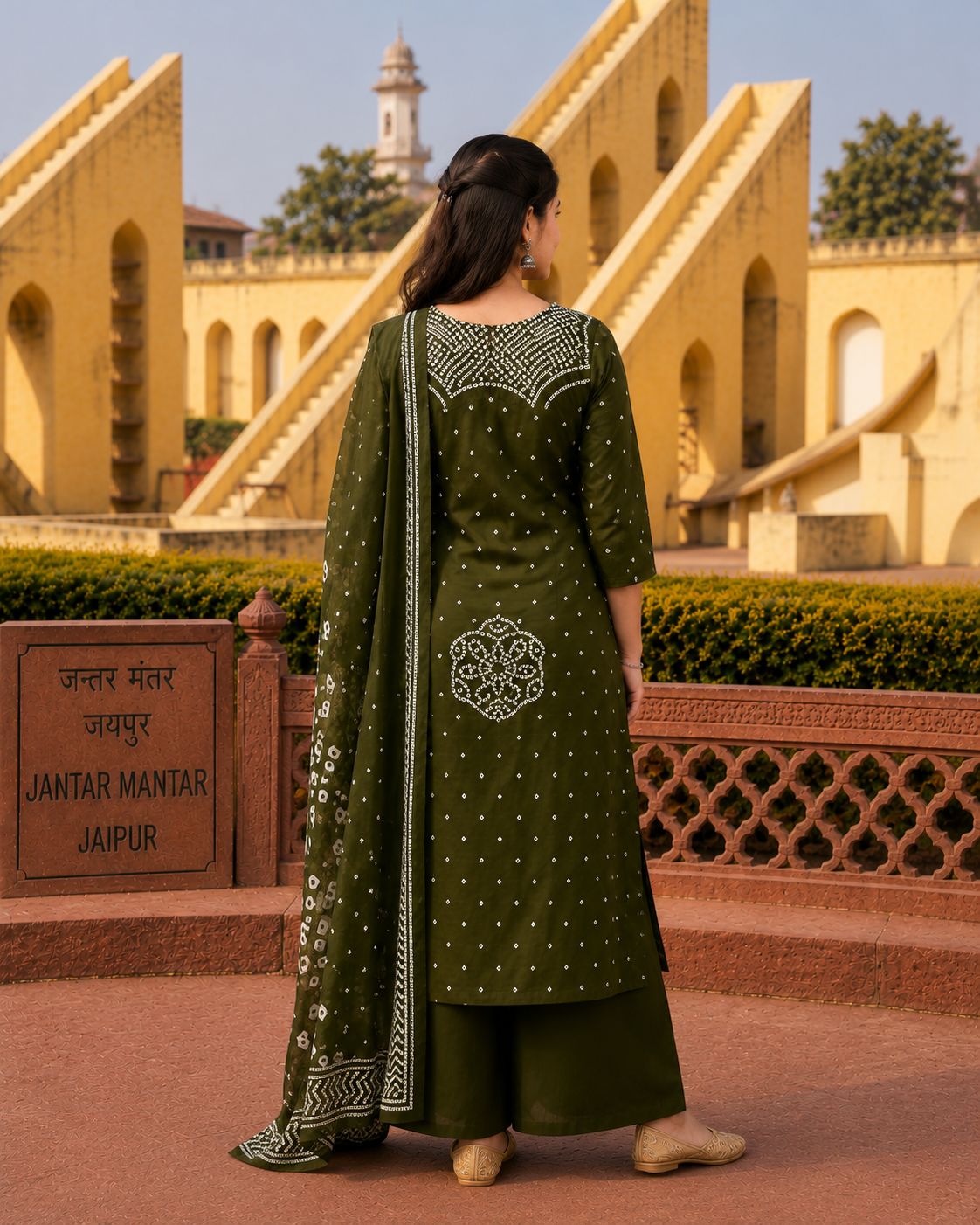 Ethnic Olive Green Bandhani Inspired Kurta Set for Women with Dupatta