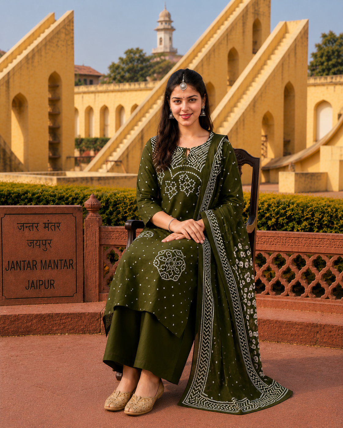 Ethnic Olive Green Bandhani Inspired Kurta Set for Women with Dupatta