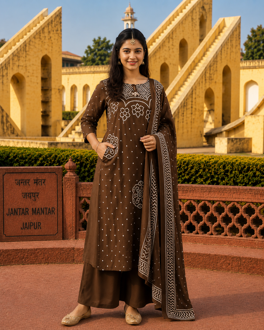 Ethnic Brown Bandhani Inspired Kurta Set for Women with Dupatta
