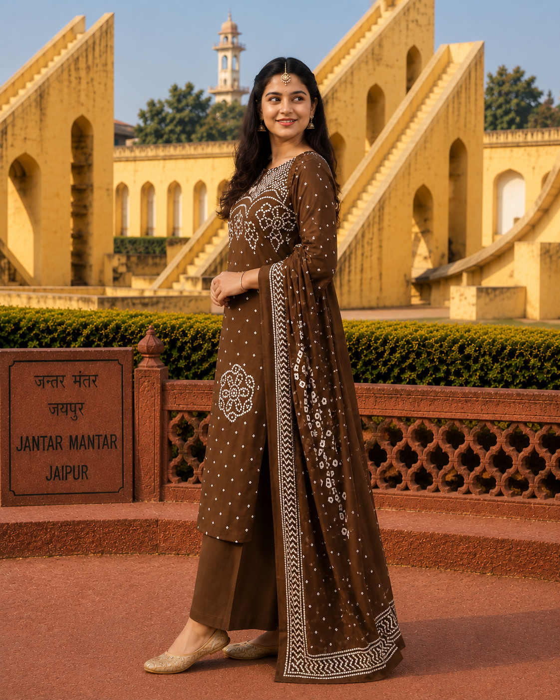 Ethnic Brown Bandhani Inspired Kurta Set for Women with Dupatta