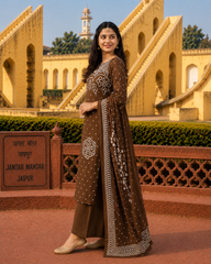 Ethnic Brown Bandhani Inspired Kurta Set for Women with Dupatta