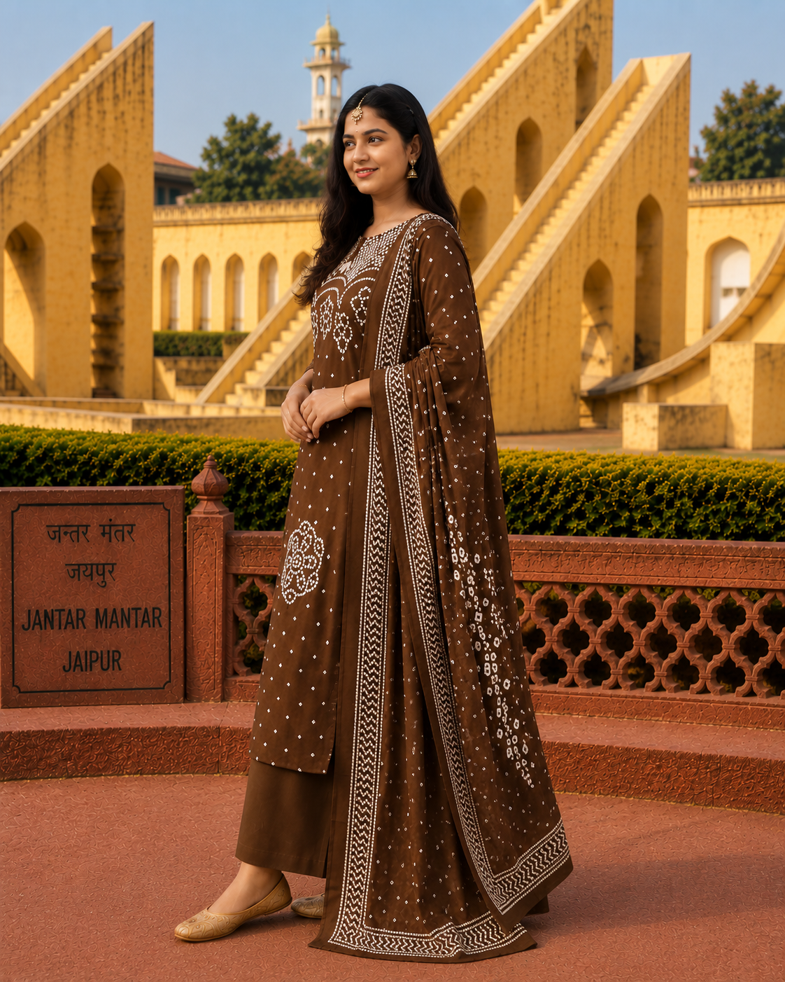 Ethnic Brown Bandhani Inspired Kurta Set for Women with Dupatta
