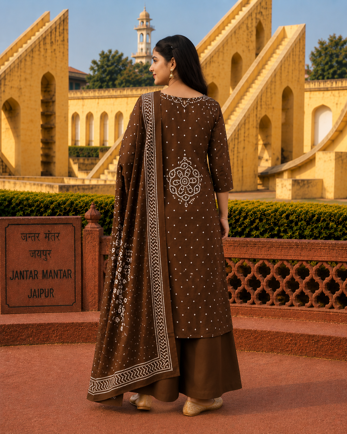 Ethnic Brown Bandhani Inspired Kurta Set for Women with Dupatta
