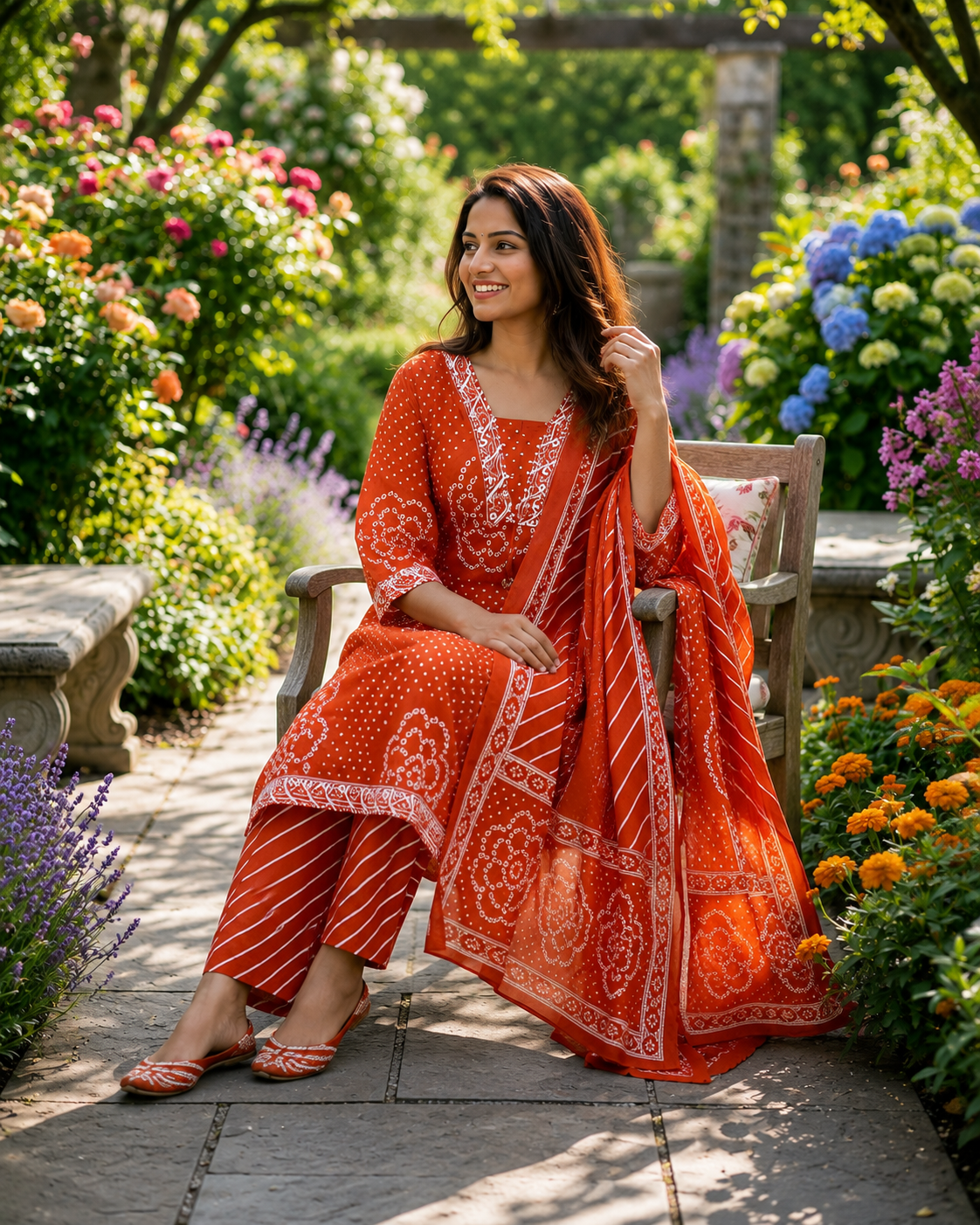 Rust Orange Printed Muslin Kurta and Pant Set with Dupatta