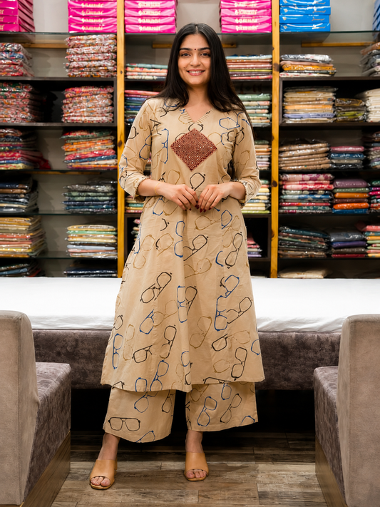 Beige Abstract Print Cotton Kurta Palazzo Set for Women