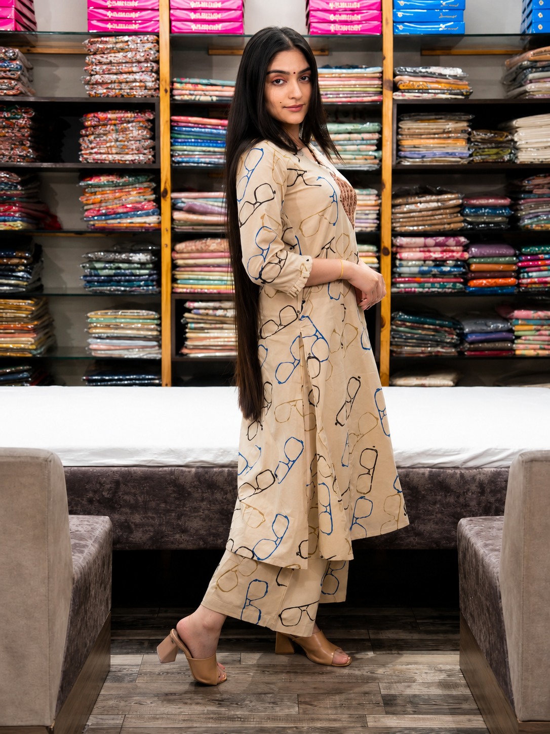 Beige Abstract Print Cotton Kurta Palazzo Set for Women