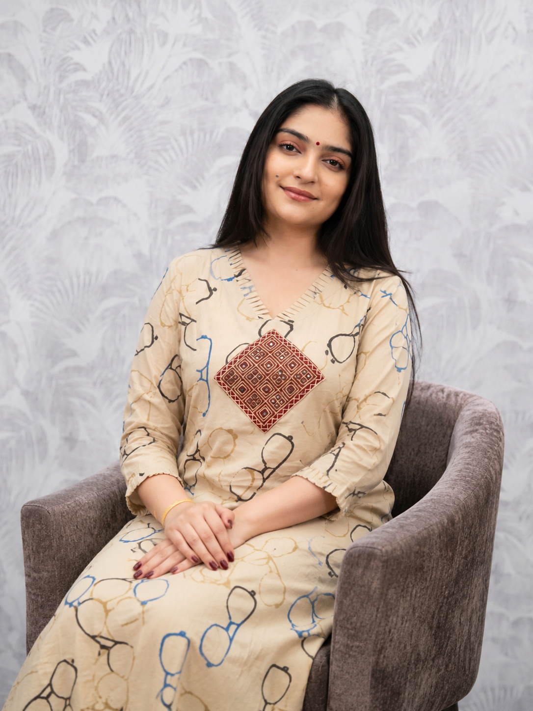 Beige Abstract Print Cotton Kurta Palazzo Set for Women