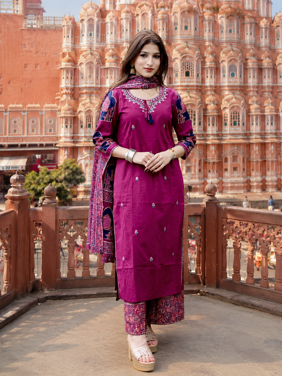 Wine Embroidered Cotton Kurta Set with Printed Dupatta for Women