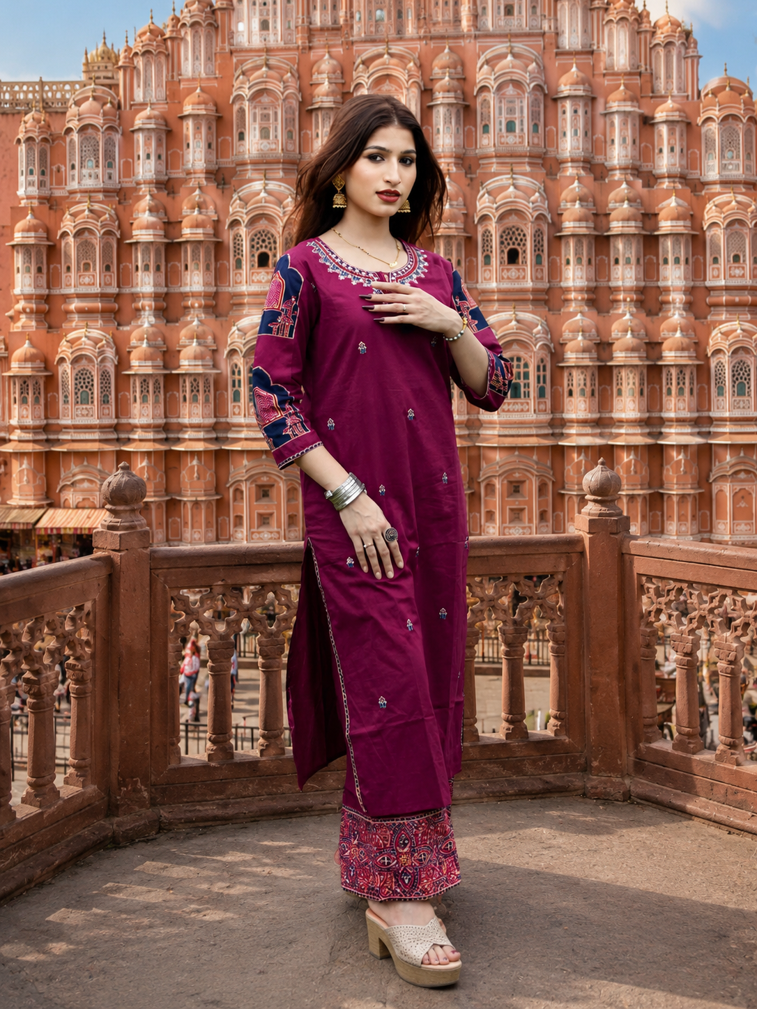 Wine Embroidered Cotton Kurta Set with Printed Dupatta for Women