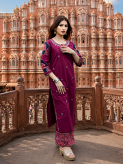 Wine Embroidered Cotton Kurta Set with Printed Dupatta for Women