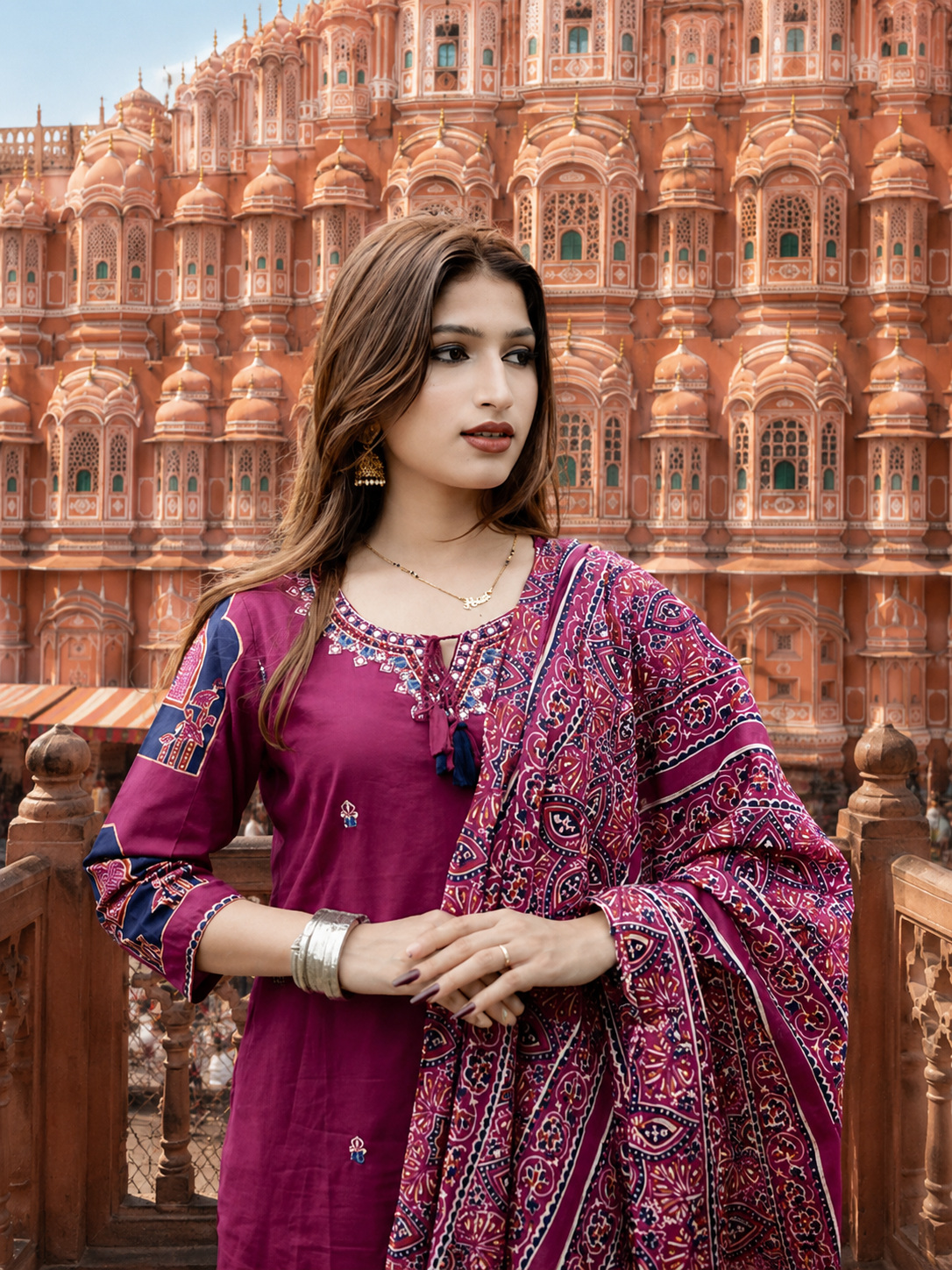Wine Embroidered Cotton Kurta Set with Printed Dupatta for Women