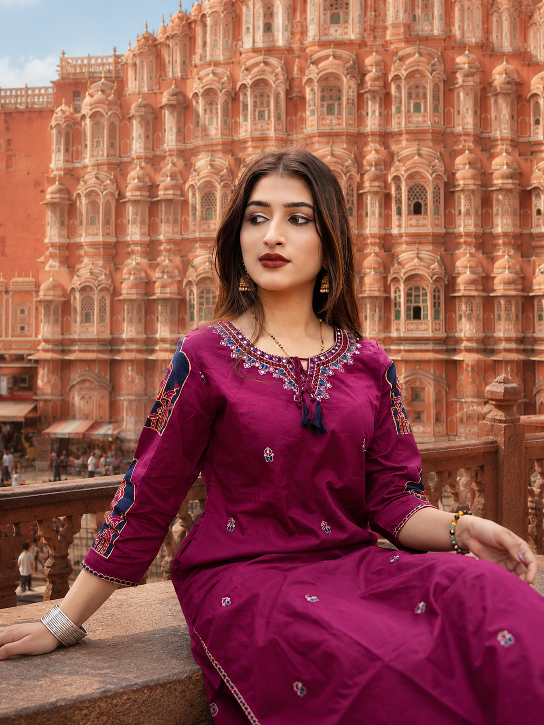 Wine Embroidered Cotton Kurta Set with Printed Dupatta for Women