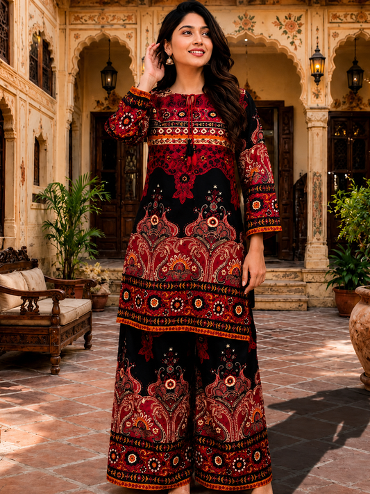 Royal Maroon Printed Kurta Palazzo Set