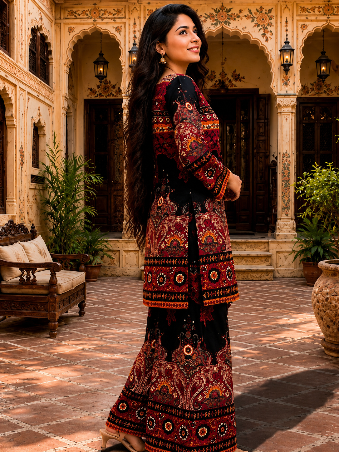 Royal Maroon Printed Kurta Palazzo Set