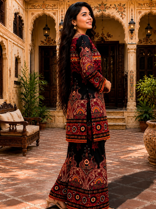 Royal Maroon Printed Kurta Palazzo Set