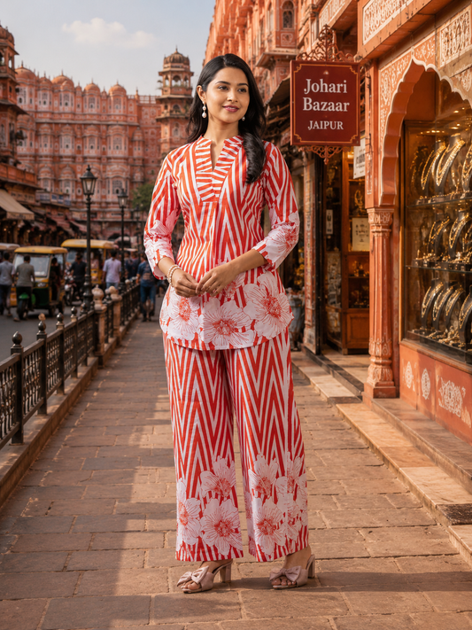 Orange Floral Co-Ord Set for Women | Premium Printed Top & Palazzo Set