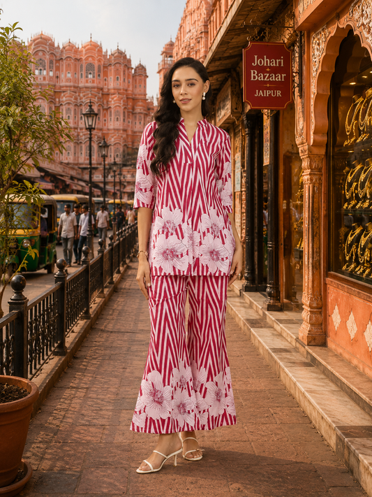 Pink Floral Co-Ord Set for Women | Premium Printed Top & Palazzo Set