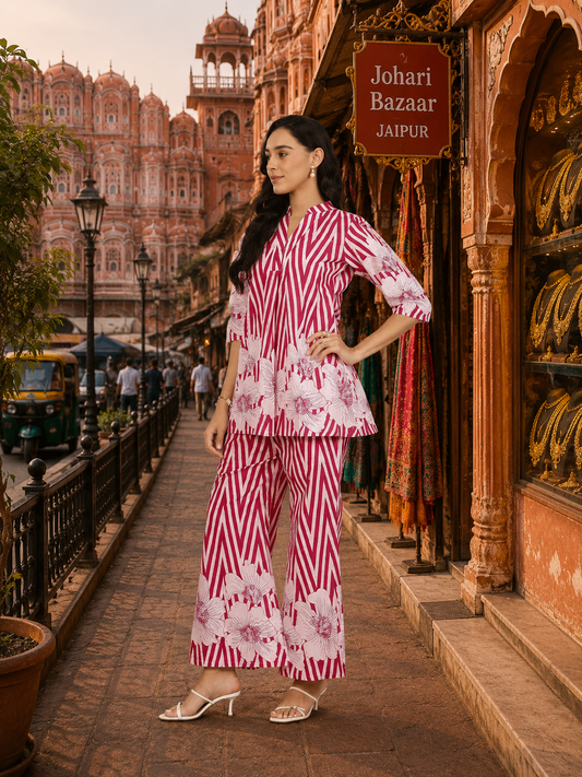 Pink Floral Co-Ord Set for Women | Premium Printed Top & Palazzo Set