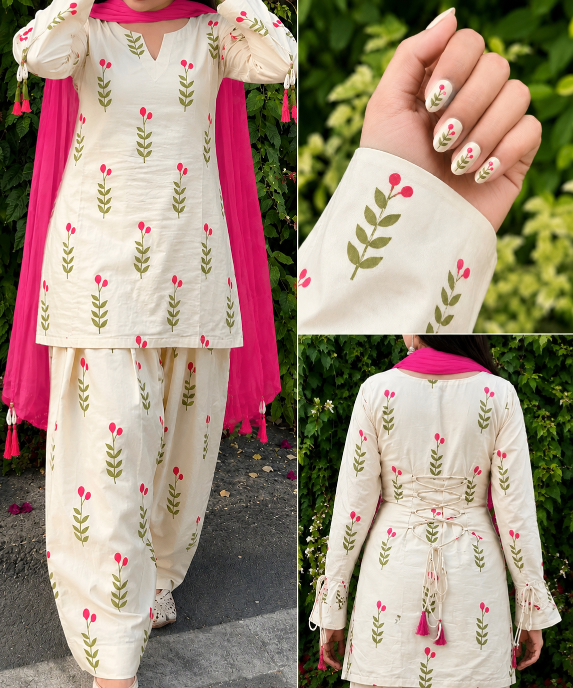 Graceful White Floral Cotton Suit Set with Pink Dupatta
