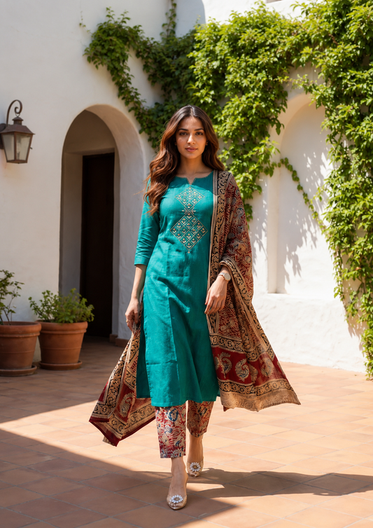 Teal Green Embroidered Kurta Pant Set with Kalamkari Print Dupatta