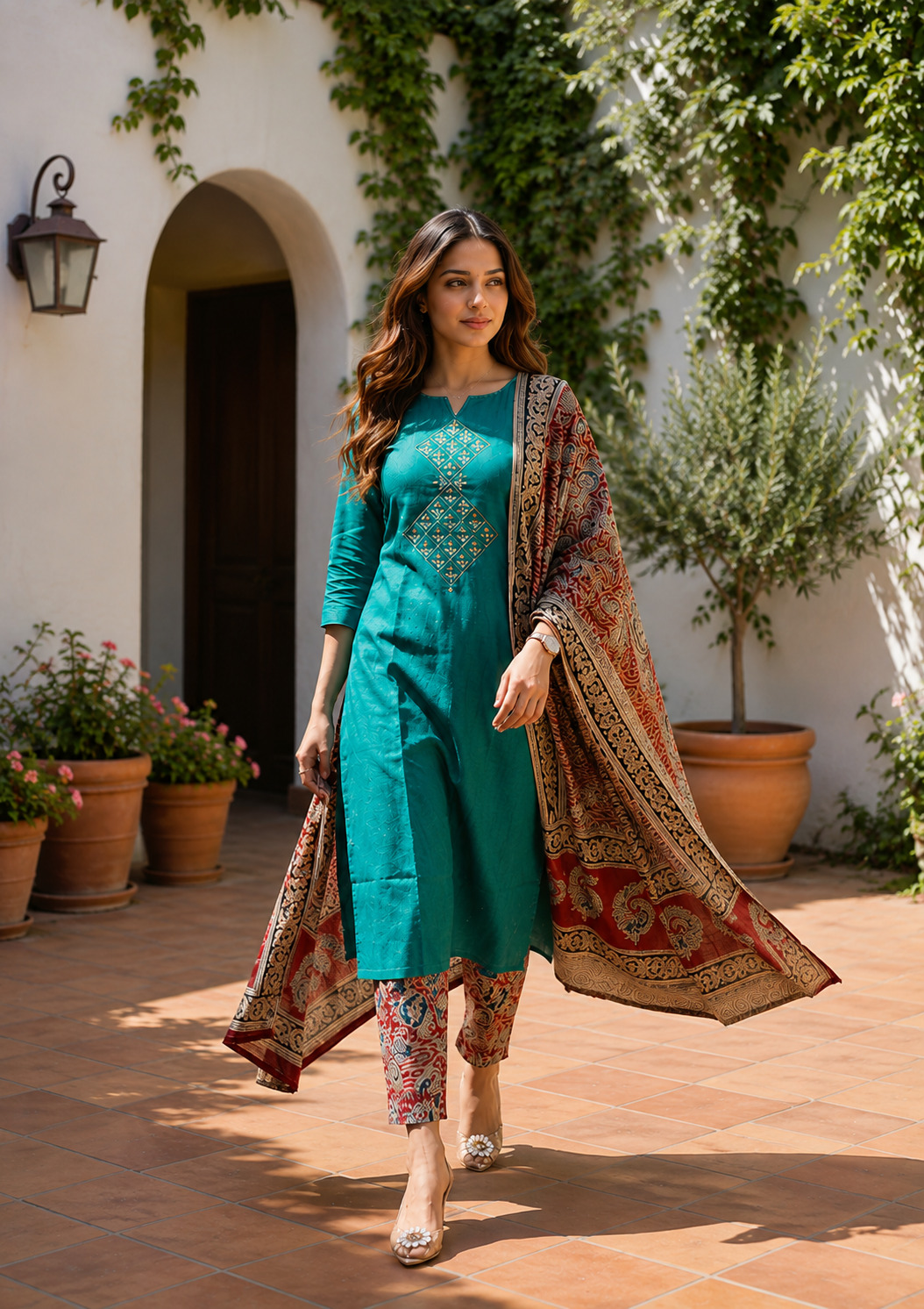 Teal Green Embroidered Kurta Pant Set with Kalamkari Print Dupatta
