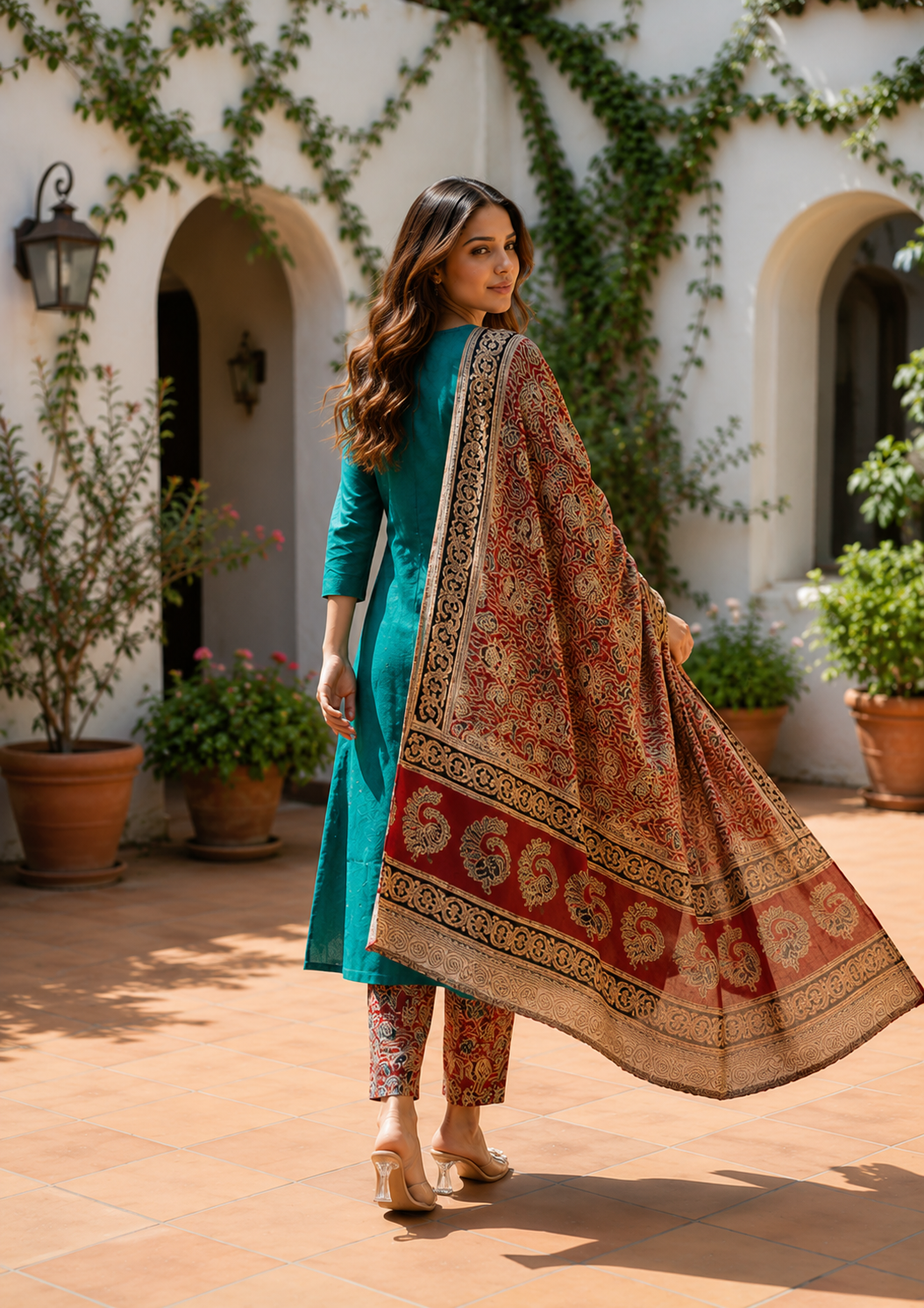 Teal Green Embroidered Kurta Pant Set with Kalamkari Print Dupatta