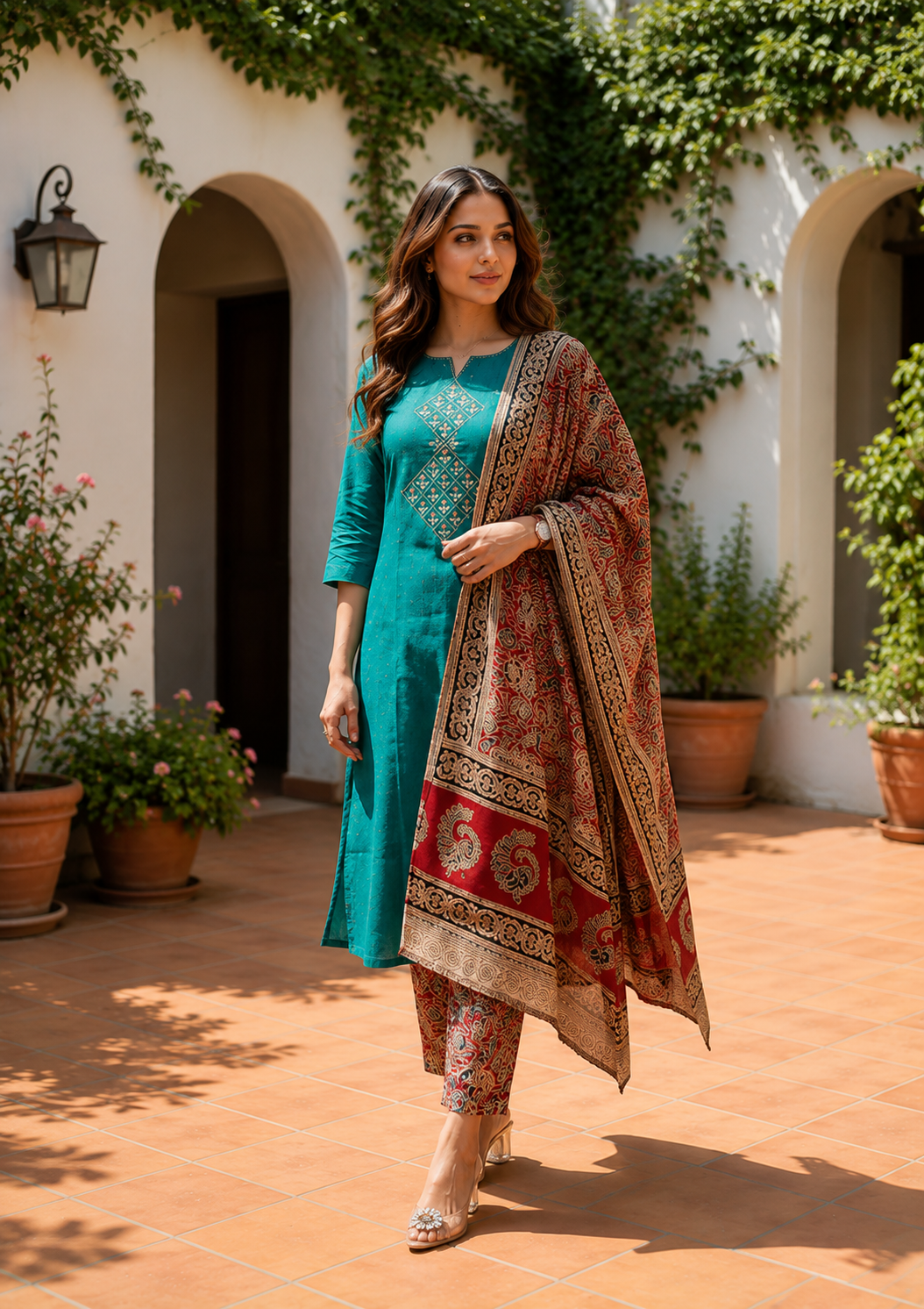 Teal Green Embroidered Kurta Pant Set with Kalamkari Print Dupatta