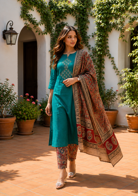 Teal Green Embroidered Kurta Pant Set with Kalamkari Print Dupatta