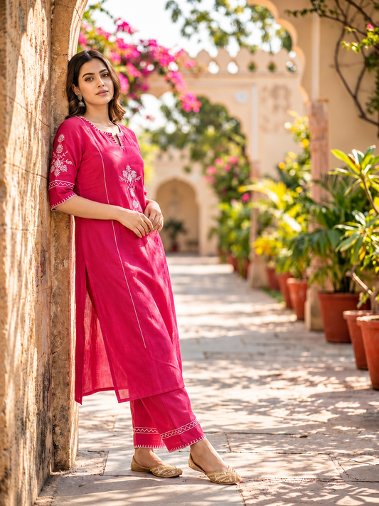 Gulnaar Rani Pink Embroidered Kurta Pant Set