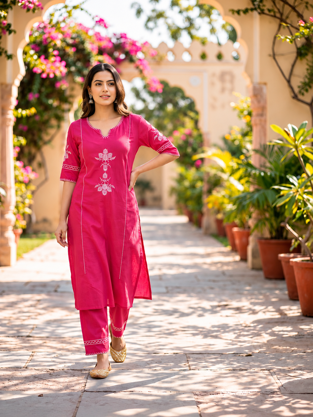 Gulnaar Rani Pink Embroidered Kurta Pant Set