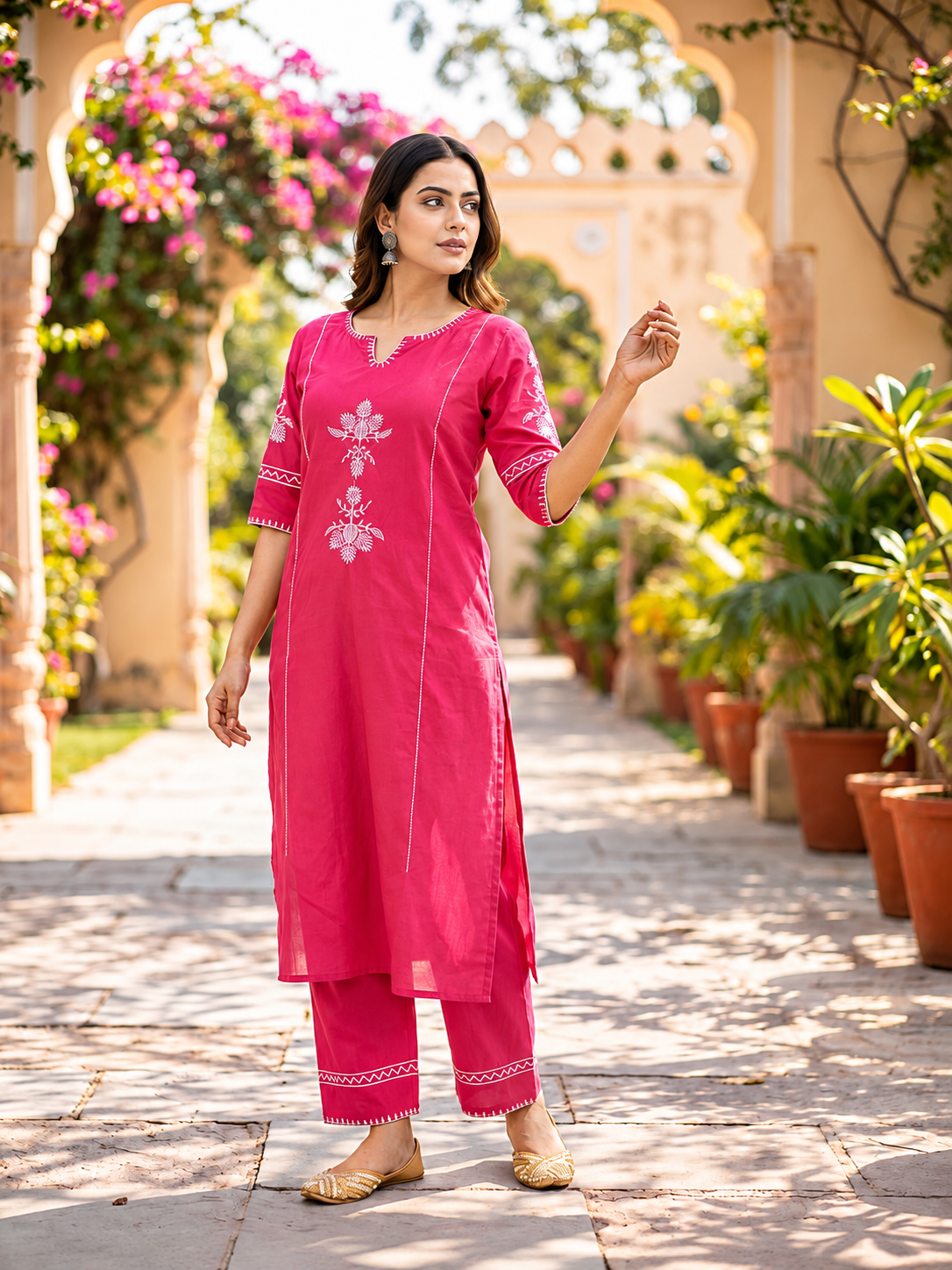 Gulnaar Rani Pink Embroidered Kurta Pant Set