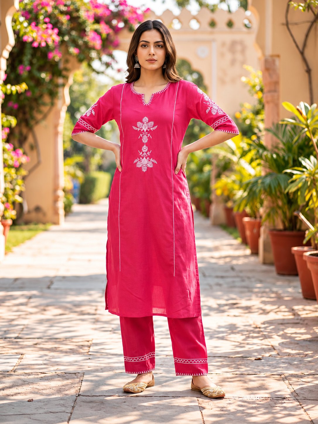 Gulnaar Rani Pink Embroidered Kurta Pant Set